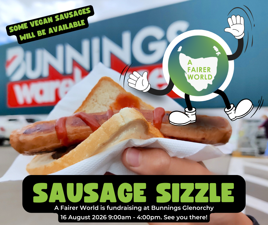 Photo of a sausage in a hand outside Bunnings Wearhouse with the A Fairer World logo with added arms and legs dancing on the end of the sausage.