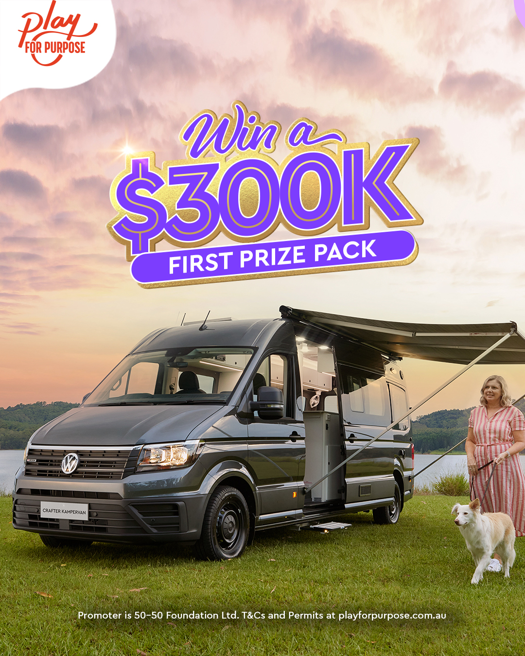 Purple text with the words "Win a $300K first prize pack, plus 395 prizes will be won! Buy tickets now" on top of the image of a woman and her dog outside the VW Crafter kampervan