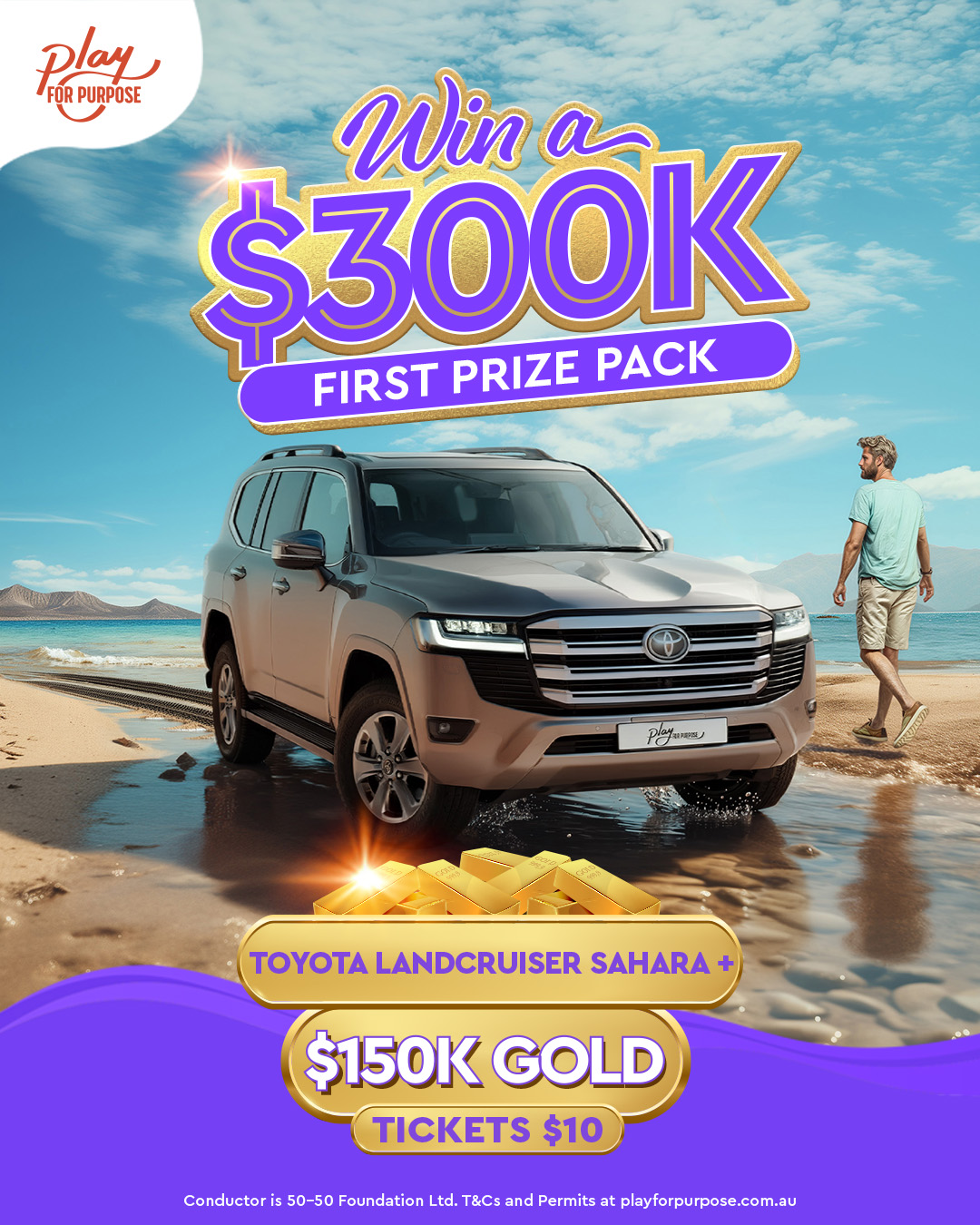 image of the $300k first prize pack including: $150,000 Toyota LandCruiser Sahara, $150,000g Gold bullion for raffle 34
