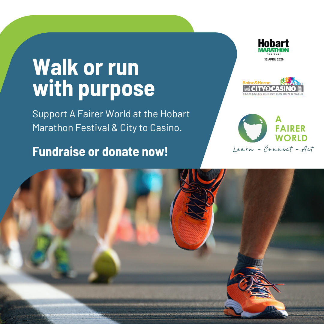 Image of running shoes and the text Walk or run with purpose, support A Fairer World at the Hobart Marathon Festival & City to casino. Fundraise or donate now!