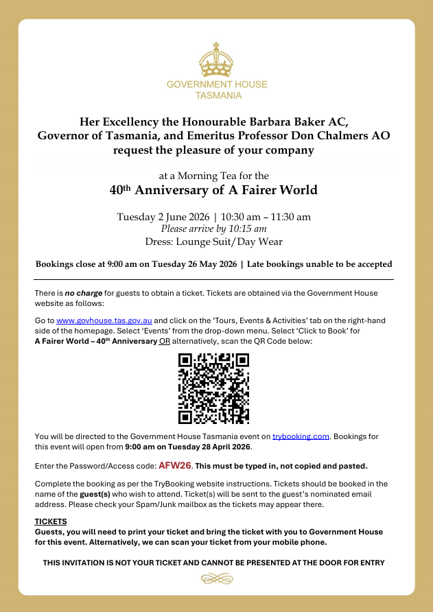 40th Anniversary of A Fairer World at Government House – Book your tickets!