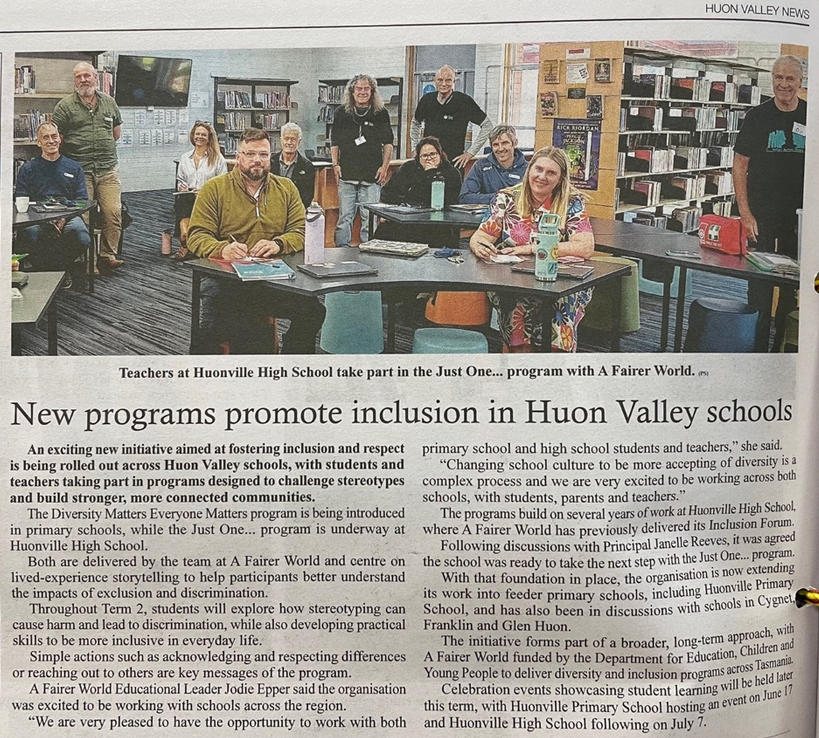 Photo from the Huon News Newspaper issue 6 May 2026 . featuring A Fairer World Volunteers/Human 'books' and Huonville High School staff