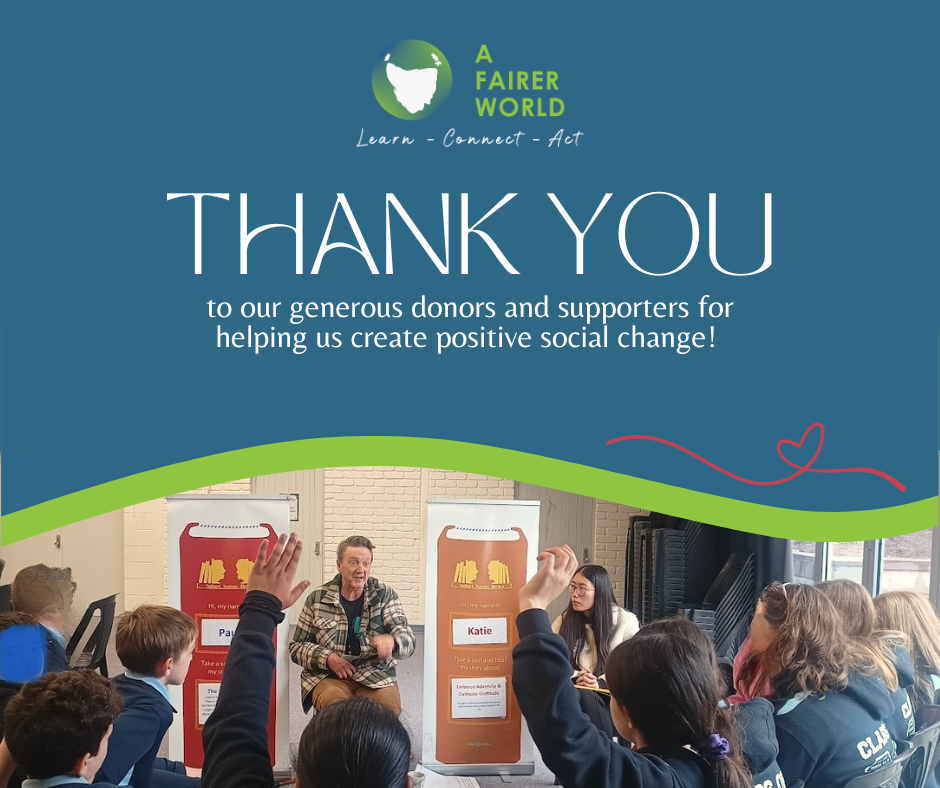 Image of A Fairer Worlds human 'books' presenting to a school with the text: Thank you to our generous donors and supporters for helping us create positive social change!